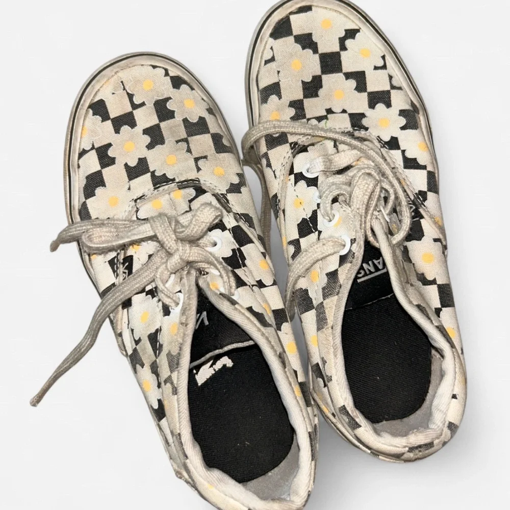 Vans Kids' Black and White Checkered Sneakers with Yellow Flowers